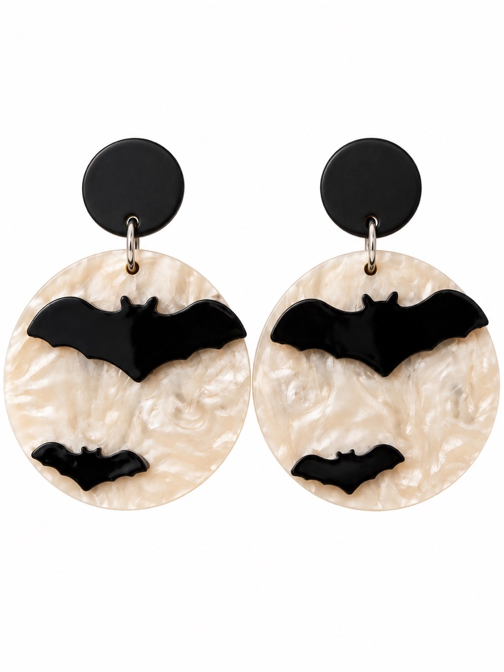 Black Bat & Moon Marbled Statement Acrylic Stud Earrings - Spooky Halloween New - Picture 1 of 3